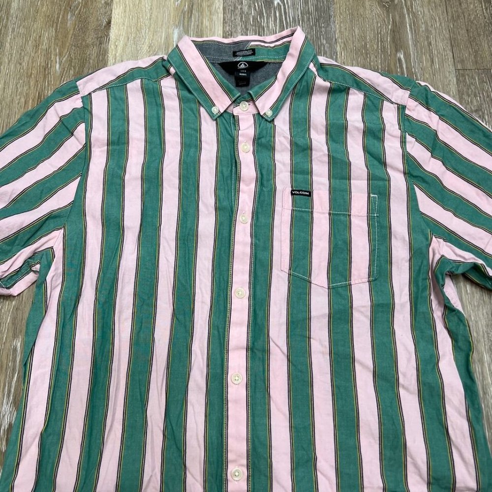 Volcom Modern Fit Button Down Green Striped Casua… - image 2